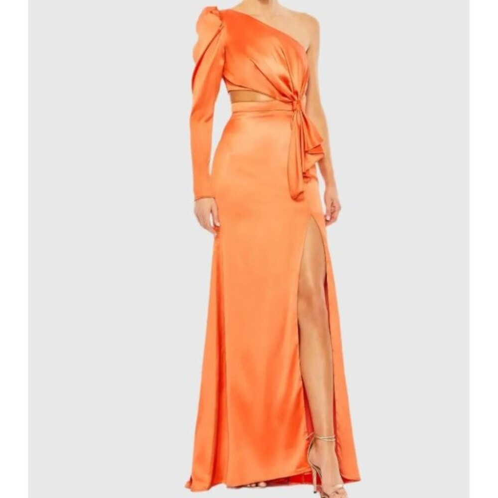 NWT Mac Duggal 49570 Tangerine Orange One Shoulder Ruffle Gown Dress Size 2